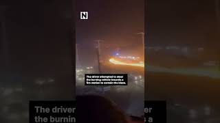 Burning fuel tanker leaves trail of fire through busy Syria street